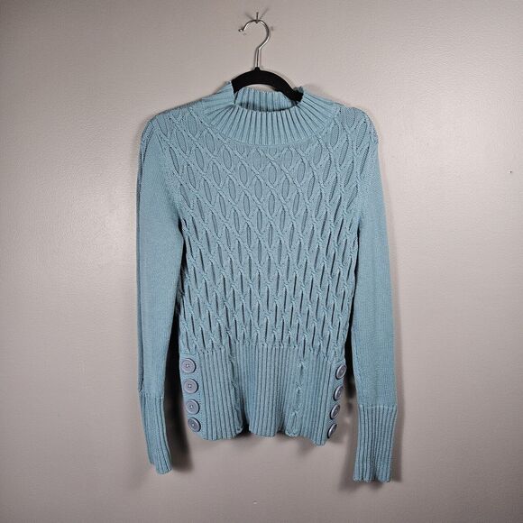 Tribal Knit Mock Turtle Neck Sweater Womens Medium Teal  Button Accents - Picture 1 of 6